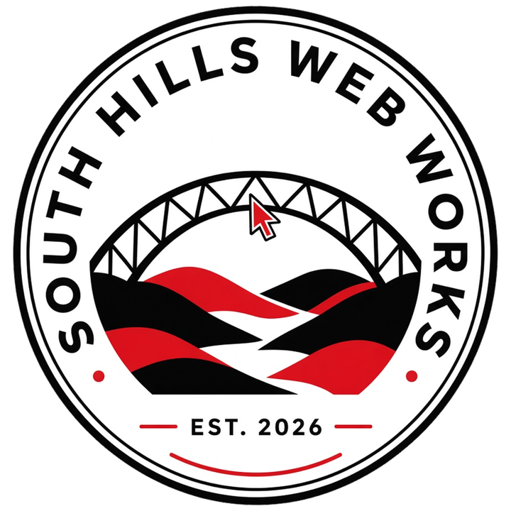 South Hills Web Works badge: a bridge over rolling hills, established 2026