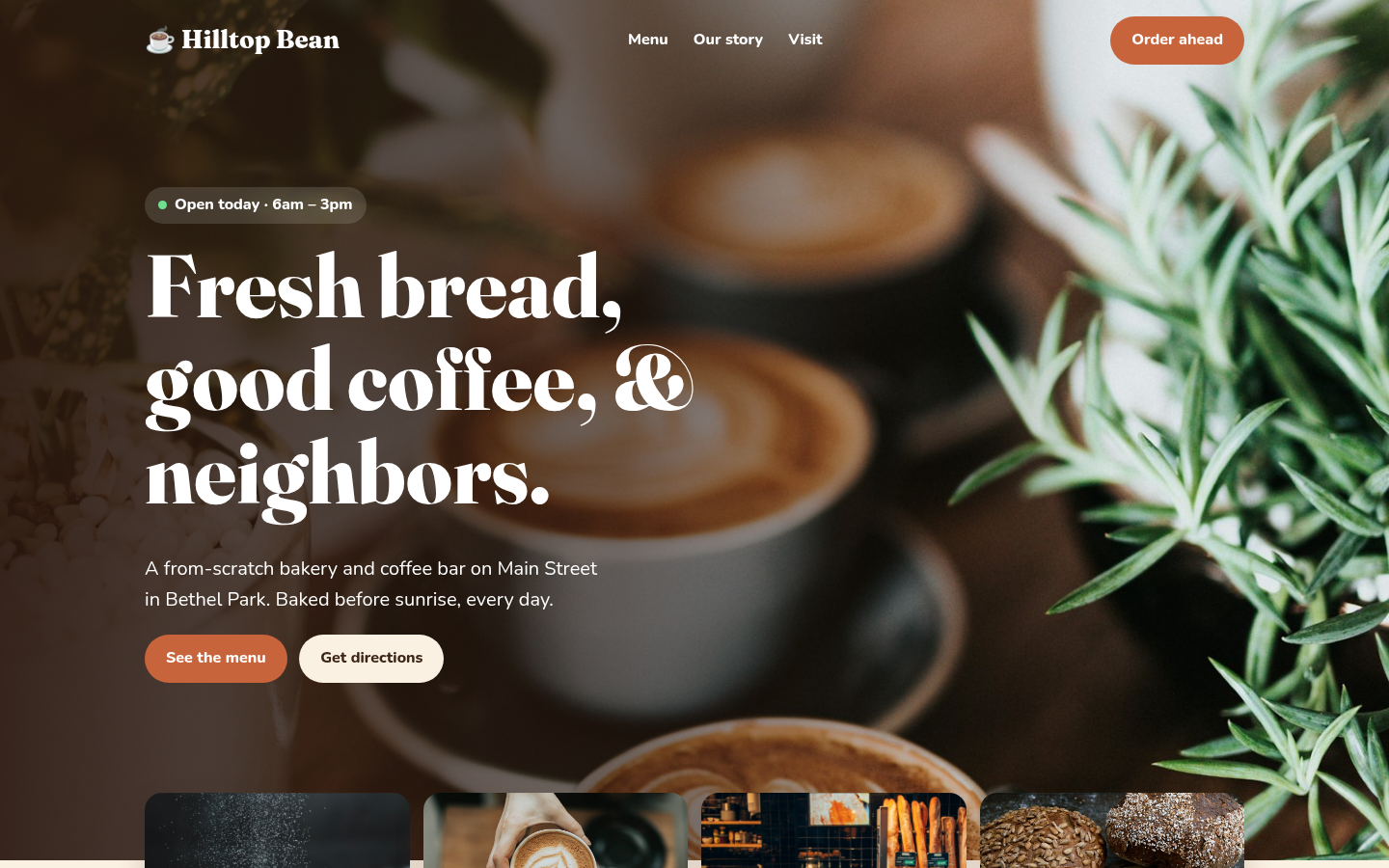 Desktop screenshot of the Hilltop Bean & Bakery sample homepage