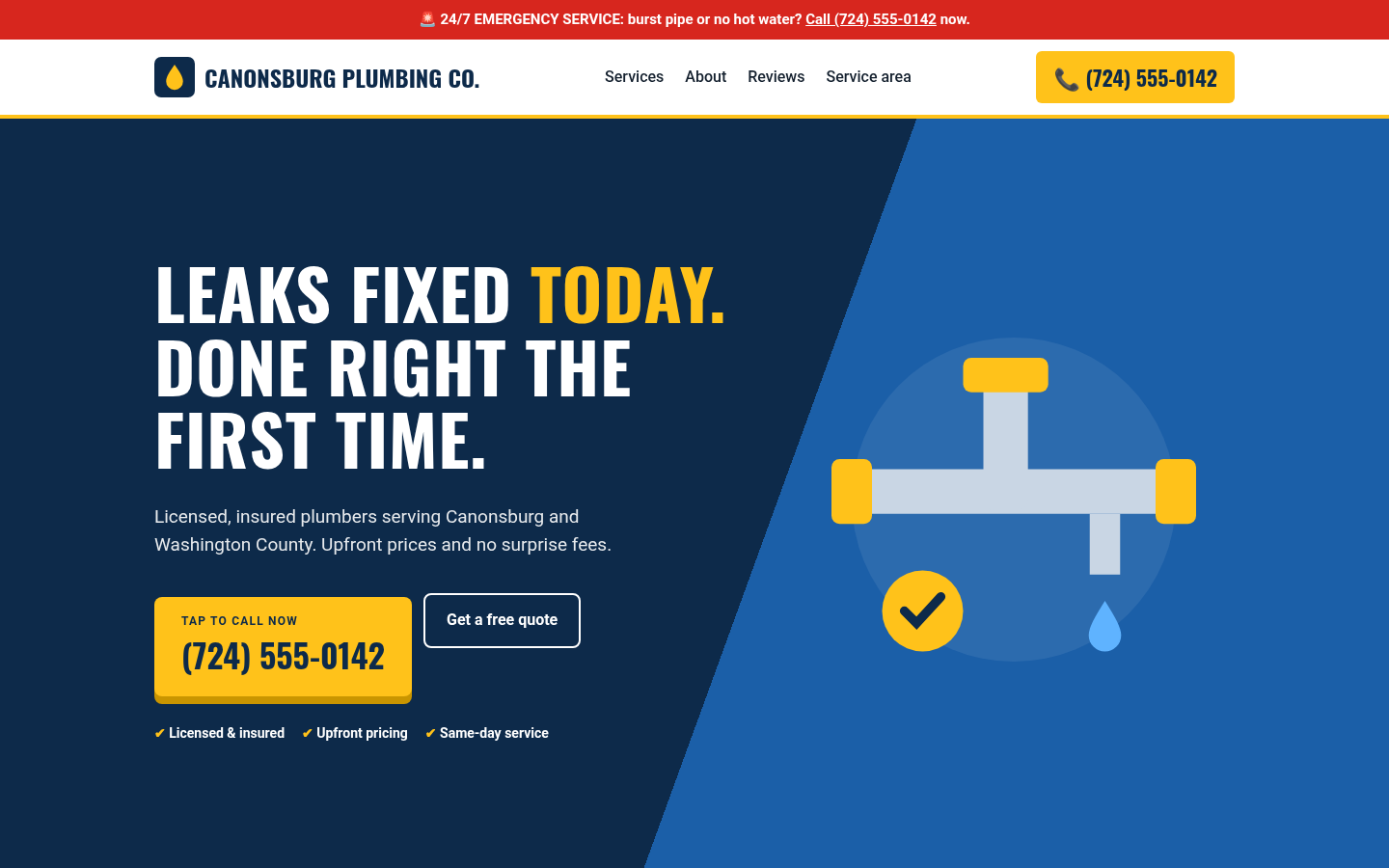 Desktop screenshot of the Canonsburg Plumbing Co. sample homepage